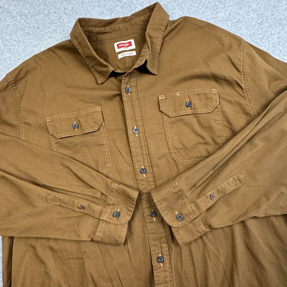 Wrangler Flex For Comfort Twill Shirt Mens 3XL Cotton Blend Flap Pockets‎ Brown